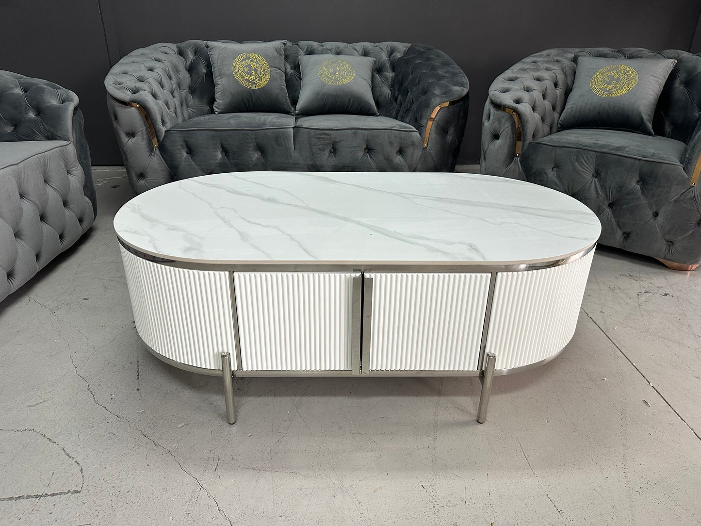 (511) Artificial Marble Dark Grey Oval TV Unit w/ Coffee Table set