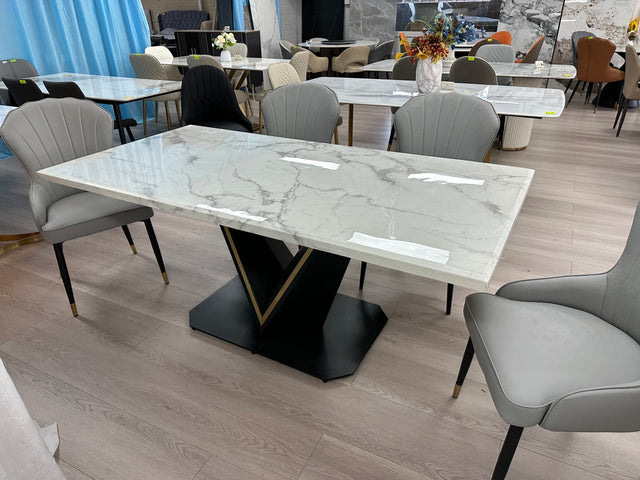Real Marble Dining Table w/ Black&Gold V Shape Leg