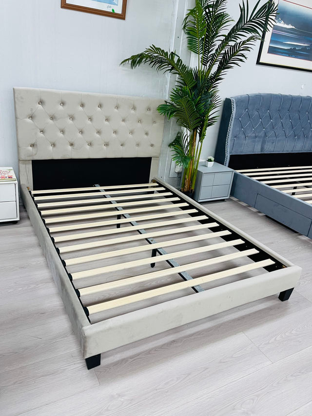 Velvet Bed Frame Strong Wood Frame Slats Grey KING/QUEEN