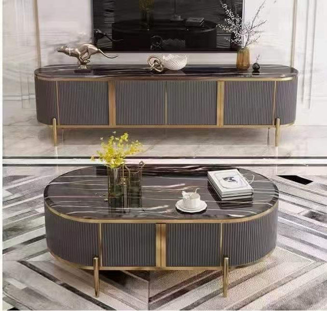 (511) Artificial Marble Dark Grey Oval TV Unit w/ Coffee Table set