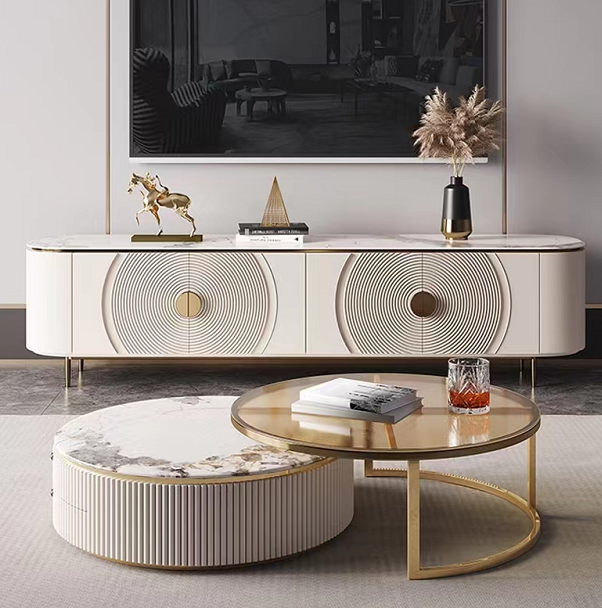 {𝑷𝑹𝑬-𝑶𝑹𝑫𝑬𝑹} Artificial Marble TV Unit & Round Coffee Table & Buffet Gold