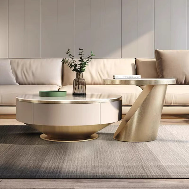 Artificial Marble Round Coffee Table Gold / Black