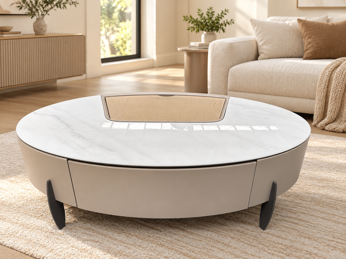 Serena Modern Oval Marble Top Coffee Table with Storage – Beige