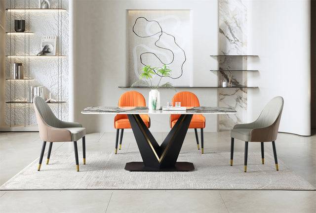 Real Marble Dining Table w/ Black&Gold V Shape Leg