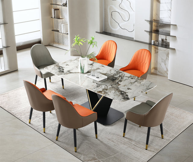 Real Marble Dining Table w/ Black&Gold V Shape Leg