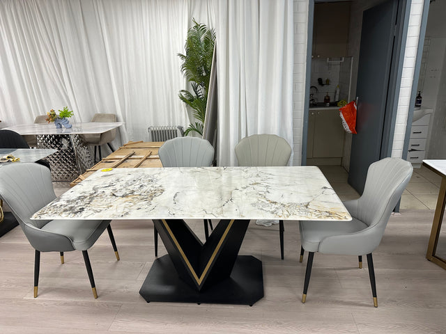 Real Marble Dining Table w/ Black&Gold V Shape Leg