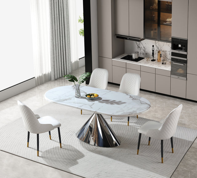 Real Marble Oval Dining Table w/ Sliver Stainless Leg