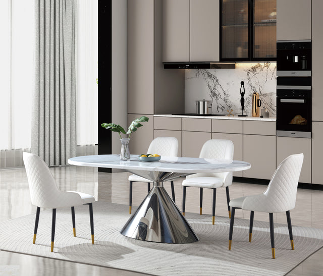 Real Marble Oval Dining Table w/ Sliver Stainless Leg