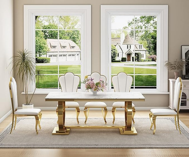 Luxury PU Leather Metal Dining Table w/ Gold Leg