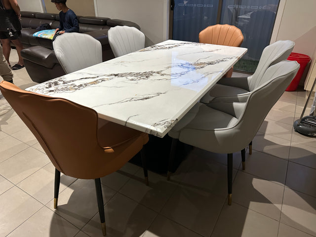 Real Marble Dining Table w/ Black&Gold V Shape Leg