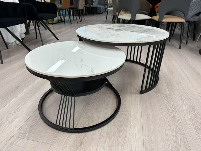 Black Round Marble Coffee Table 2pc set