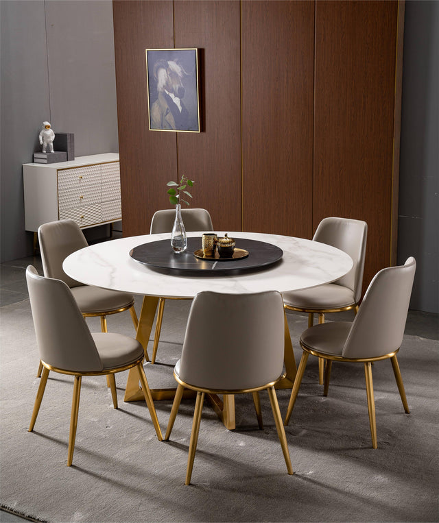 Snowy Artificial Marble Round Dining Table with Gold Leg
