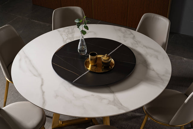 Snowy Artificial Marble Round Dining Table with Gold Leg