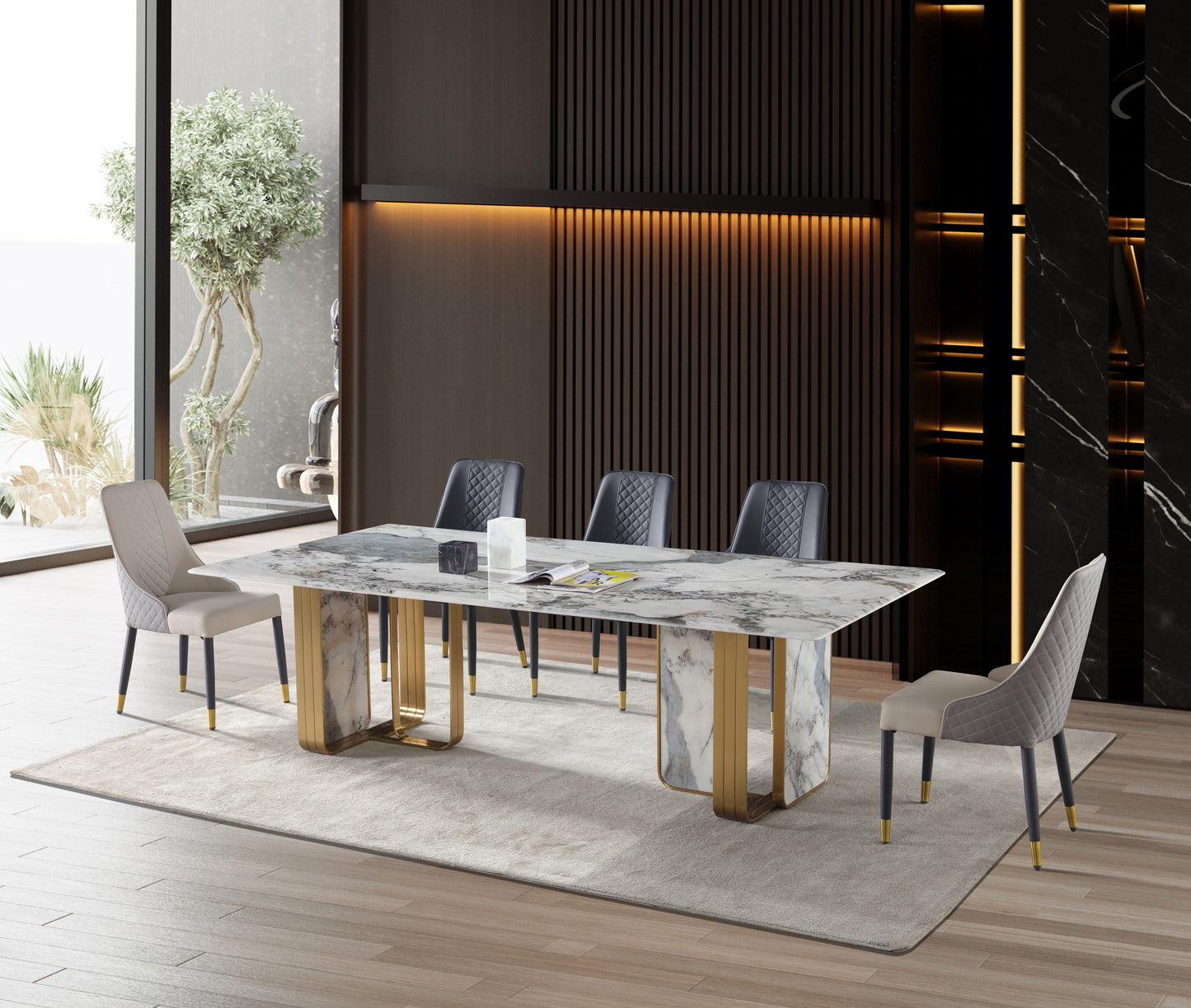 Real Marble Dining Table w/ Marble Gold Stainless Leg