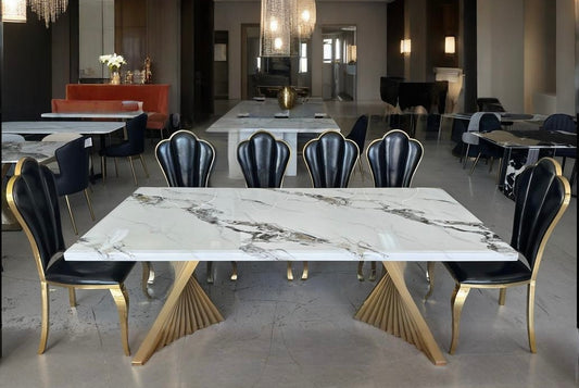 Real Marble 3cm Thicker Dining Table with Spin stainless steel leg Gold/ Sliver