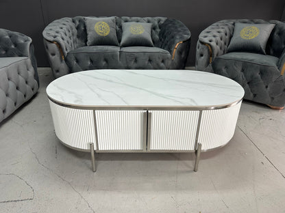 (511) Artificial Marble Dark Grey Oval TV Unit w/ Coffee Table set