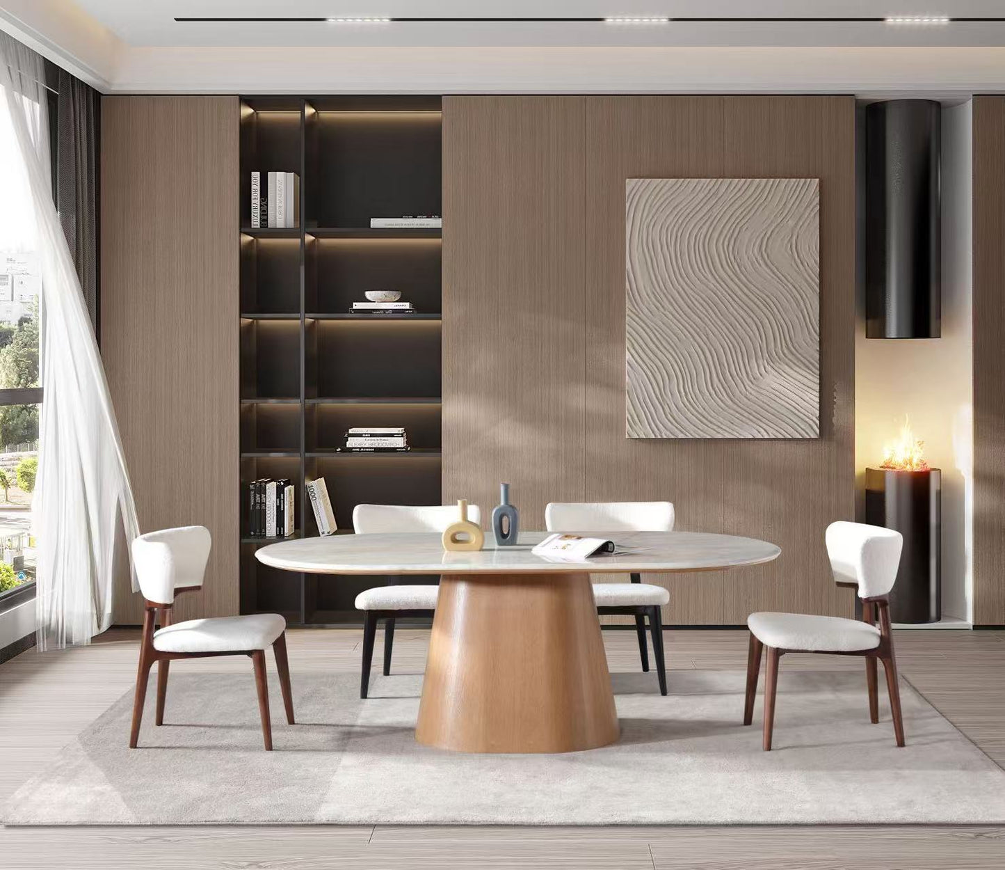 Real Soft Beige Marble Dining Table w/ Wood Leg