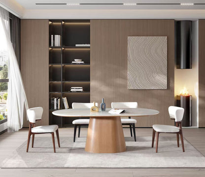 Real Soft Beige Marble Dining Table w/ Wood Leg