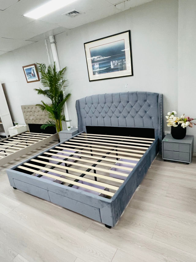 Bed Frame King Size Velvet Grey With 4 Drawers