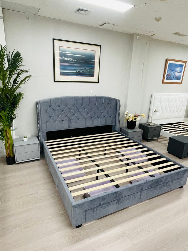 Bed Frame King Size Velvet Grey With 4 Drawers