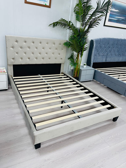 Velvet Bed Frame Strong Wood Frame Slats Grey KING/QUEEN