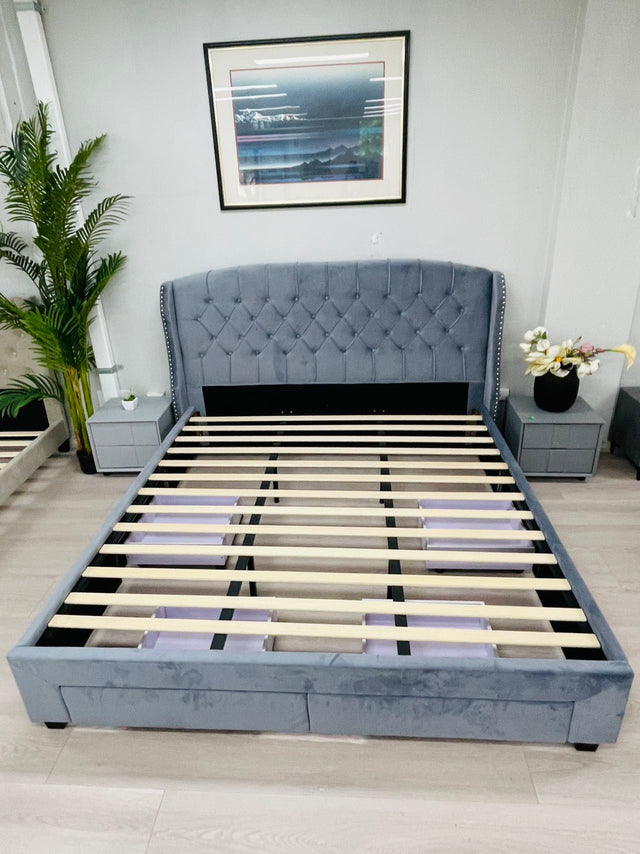 Bed Frame King Size Velvet Grey With 4 Drawers