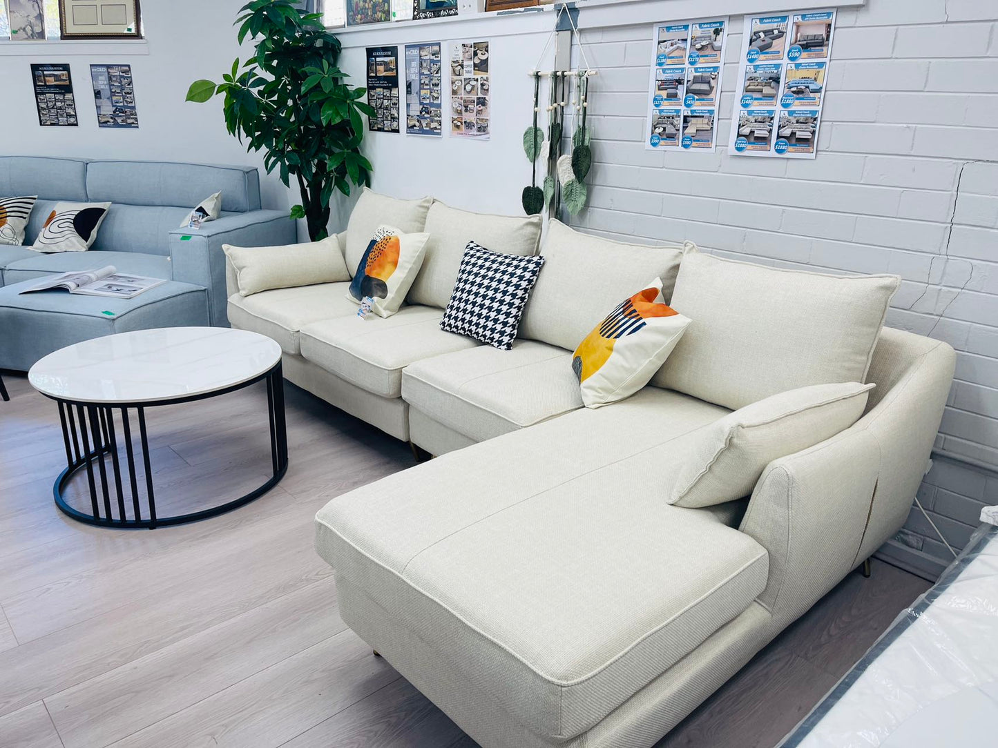 Fabric 4 Seater Couch w/ Gold Leg