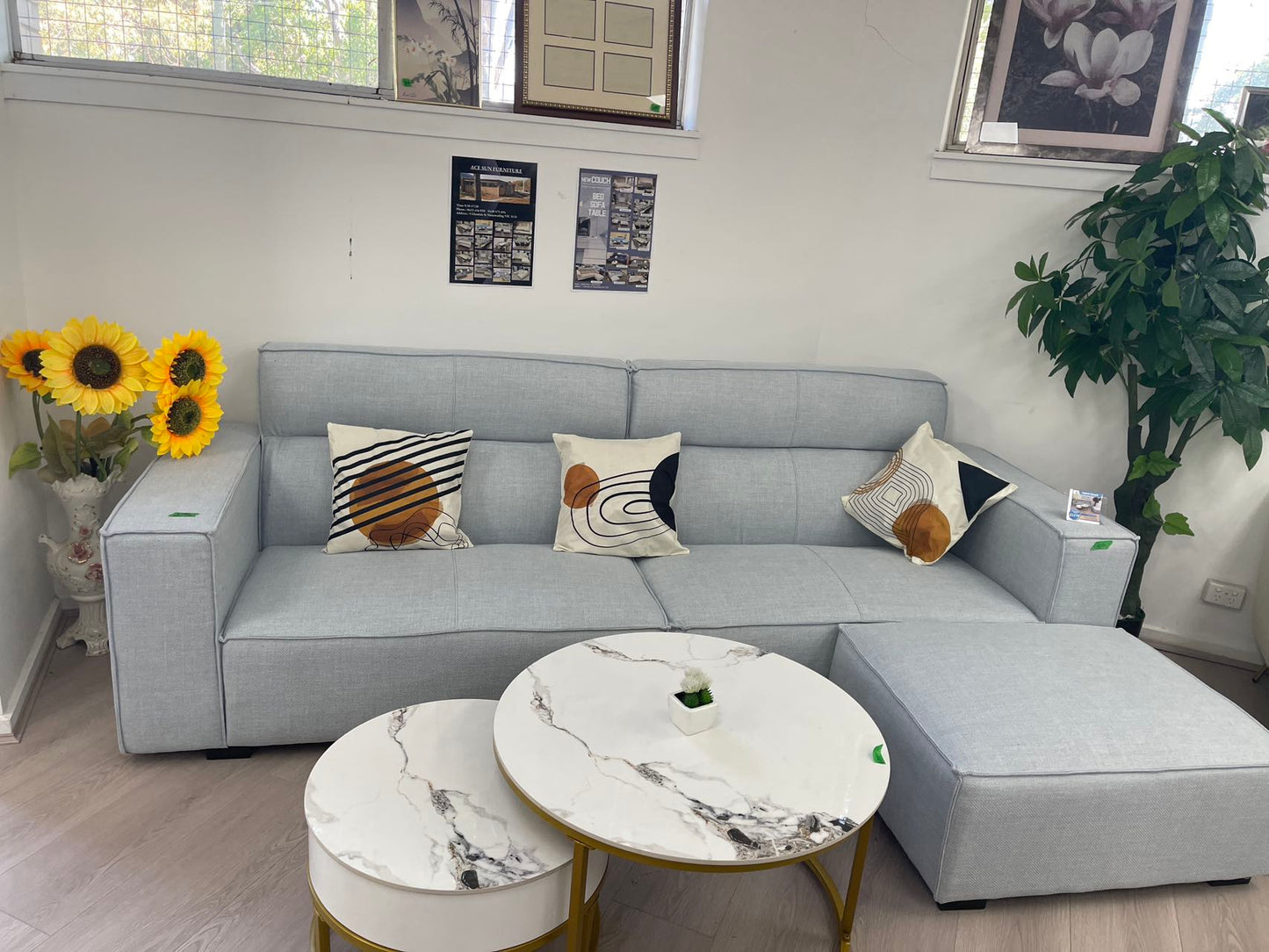 Fabric Couch w/ 2 pillow and Ottoman
