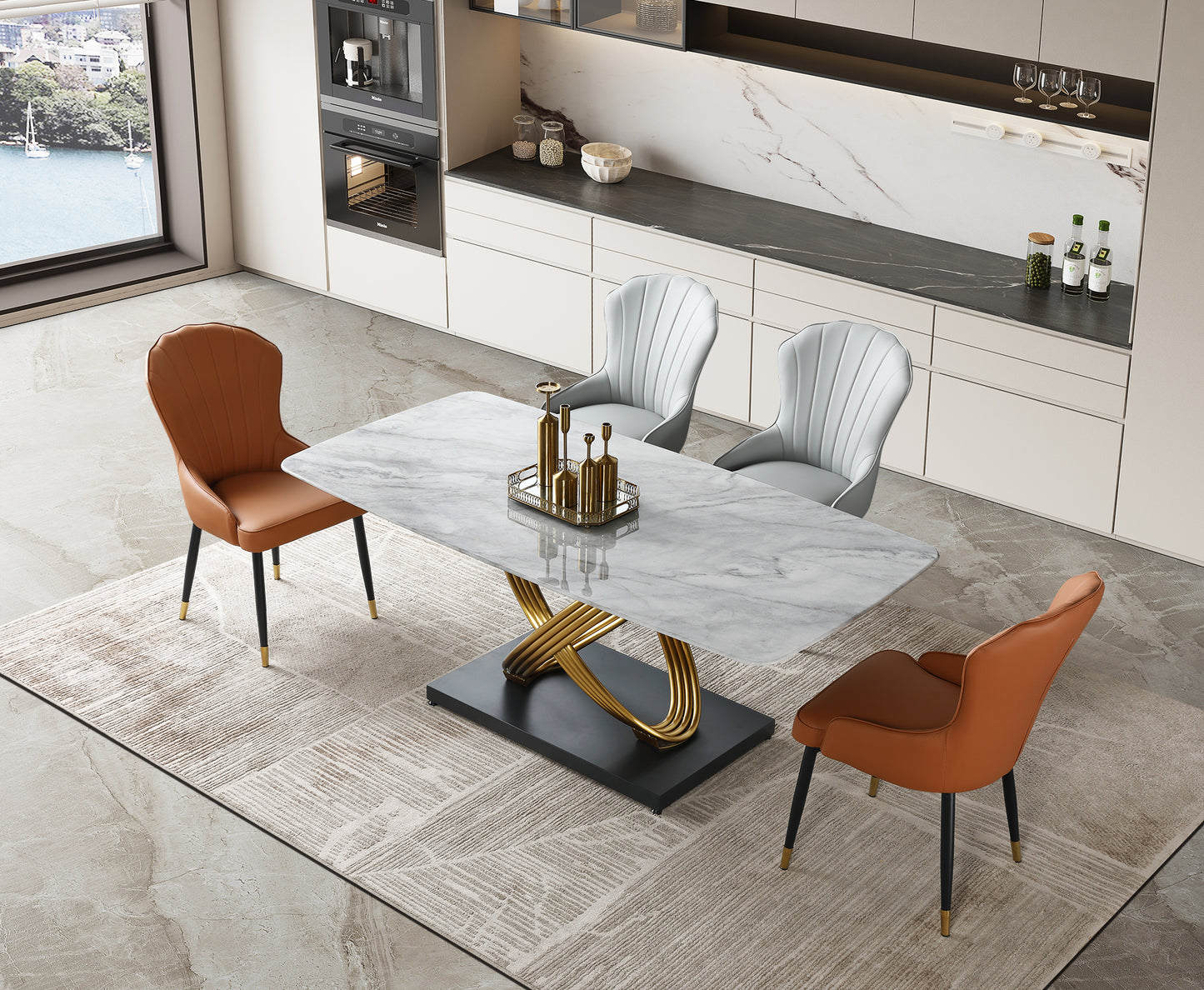 (613) Real Marble Dining Table w/ Gold Leg