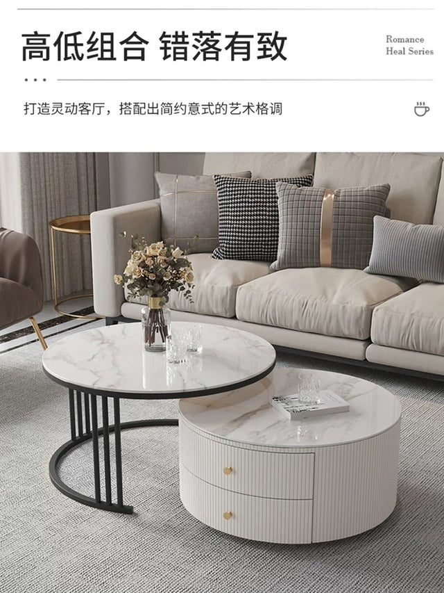 Luxury Artificial Marble Top Round Coffee Table 2 Drawer