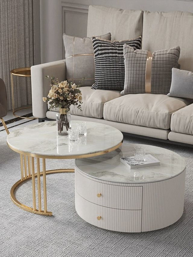 Luxury Artificial Marble Top Round Coffee Table 2 Drawer