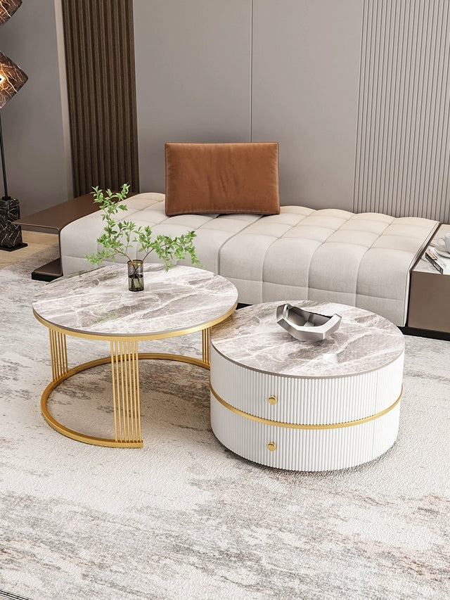 Luxury Artificial Marble Top Round Coffee Table 2 Drawer