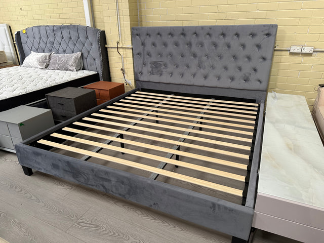 Velvet Bed Frame Strong Wood Frame Slats Grey KING/QUEEN