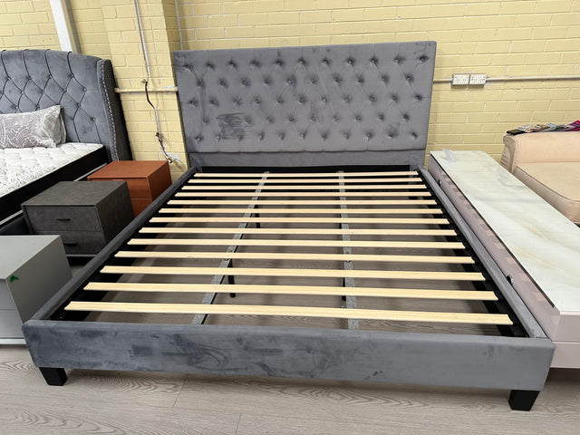 Velvet Bed Frame Strong Wood Frame Slats Grey KING/QUEEN