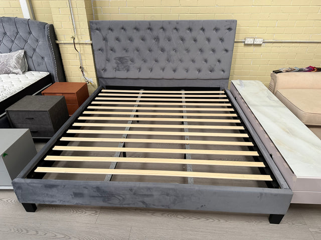 Velvet Bed Frame Strong Wood Frame Slats Grey KING/QUEEN