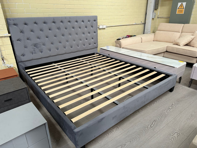 Velvet Bed Frame Strong Wood Frame Slats Grey KING/QUEEN