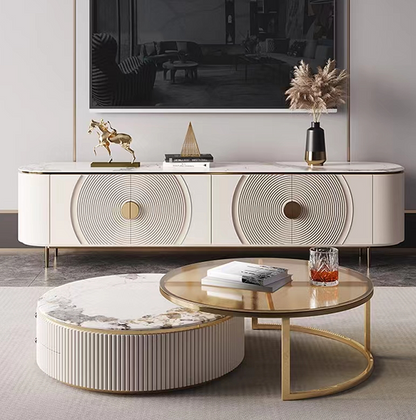 {𝑷𝑹𝑬-𝑶𝑹𝑫𝑬𝑹} Artificial Marble TV Unit & Round Coffee Table & Buffet Gold