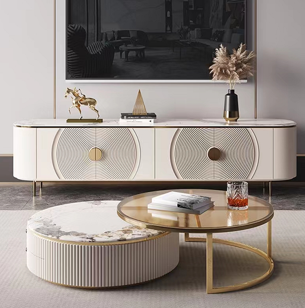 Artificial Marble TV Unit & Round Coffee Table & Buffet Gold