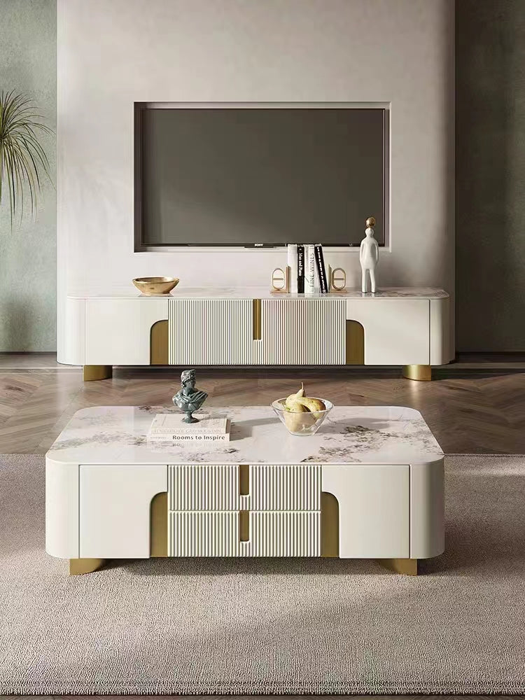 {𝑷𝑹𝑬-𝑶𝑹𝑫𝑬𝑹} Artificial Marble TV Unit & Rectangle Coffee Table & Buffet Gold