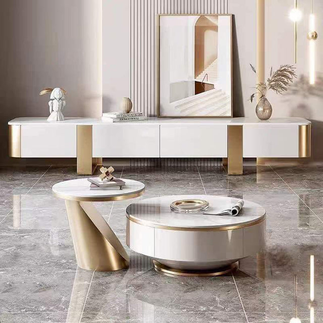 Artificial Marble TV Unit & Round Coffee Table Gold/Silver