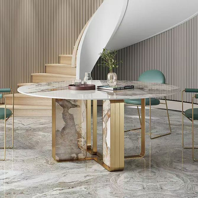 Oval Marble Dining Table with Sculptural Gold Base