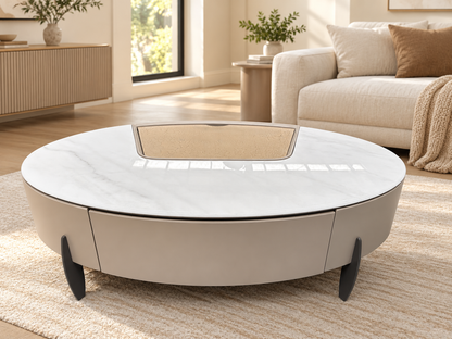 Serena Modern Oval Marble Top Coffee Table with Storage – Beige