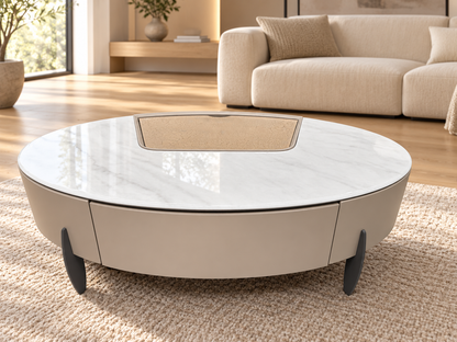Serena Modern Oval Marble Top Coffee Table with Storage – Beige