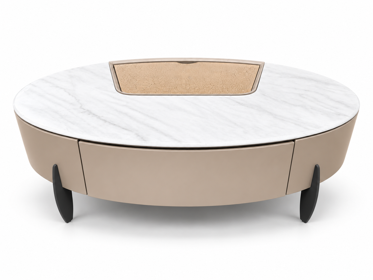 Serena Modern Oval Marble Top Coffee Table with Storage – Beige