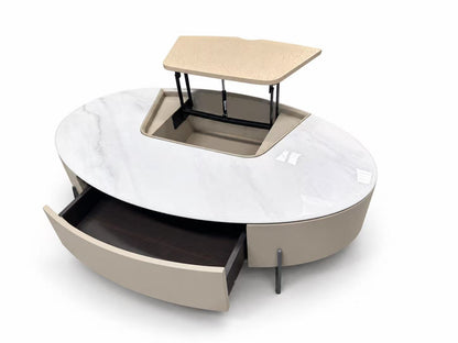 Serena Modern Oval Marble Top Coffee Table with Storage – Beige