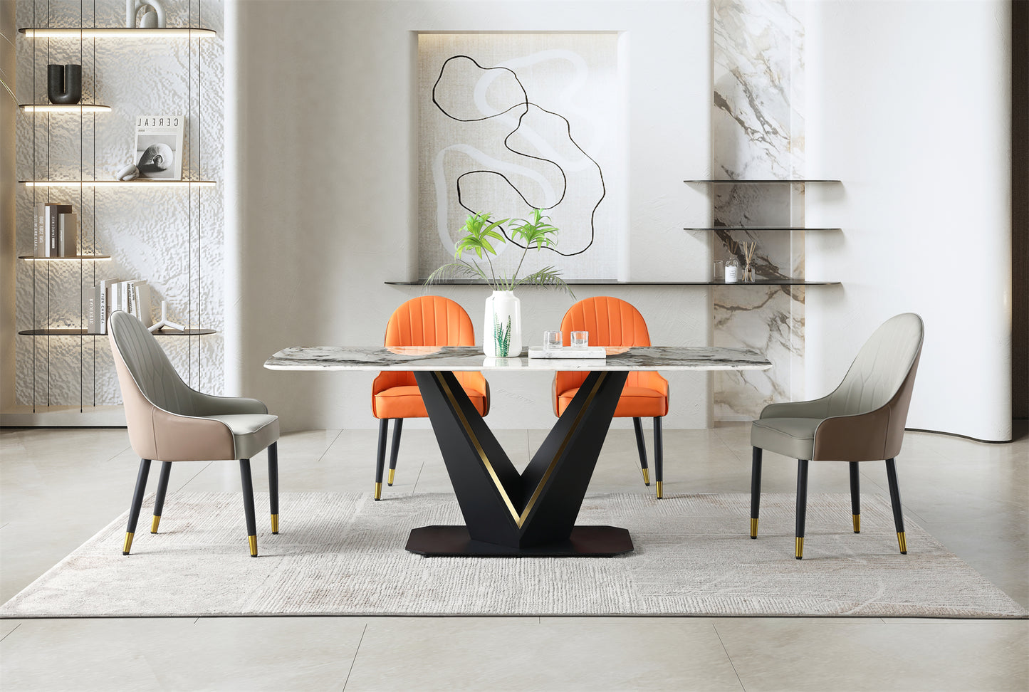 Real Marble Dining Table w/ Black&Gold V Shape Leg