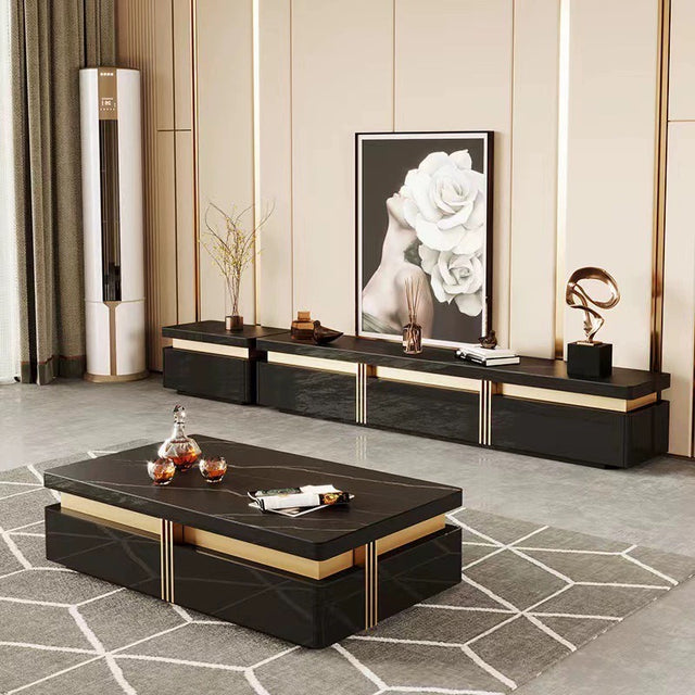 Artificial Marble Dark Grey TV Unit & Coffee Table set Black/White