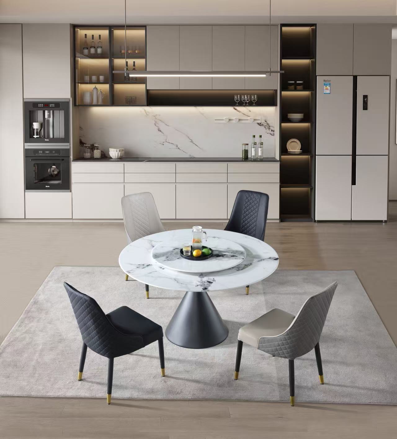 White Marble Round Dining Table w/ Sliver Stainless Leg