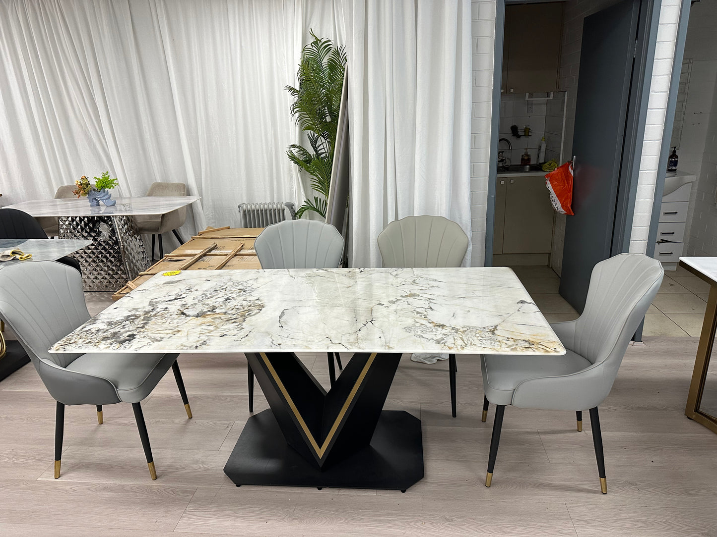 Real Marble Dining Table w/ Black&Gold V Shape Leg