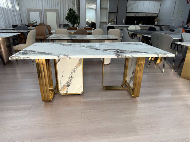 餐桌      Luxury Marble Dining Table Stainless Steel Gold Leg Frame